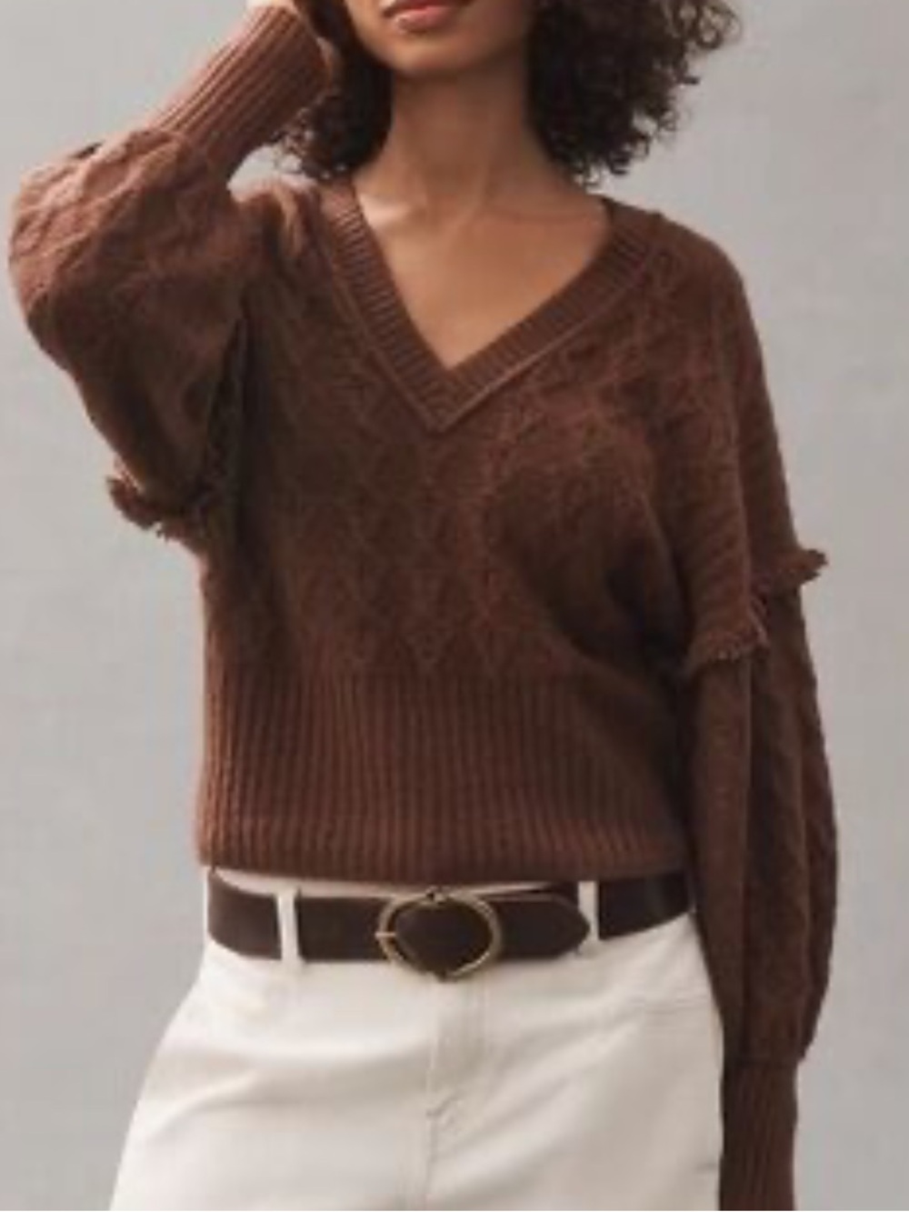 Anthropologie Pilcro V-Neck Wool Blend Cable Knit Sweater Brown Size L